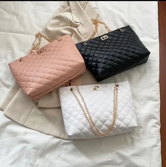Quilted Chain Tote Bags,Large Capacity Women's Shoulder Bags.Black,Pink & Khaki - Picture 4 of 8
